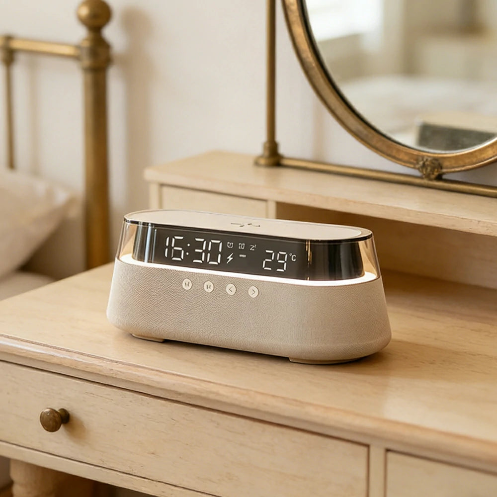 NEVORA Bluetooth Speaker Wireless Charging Clock Temperature Display Ambient Lighting Design - Beige