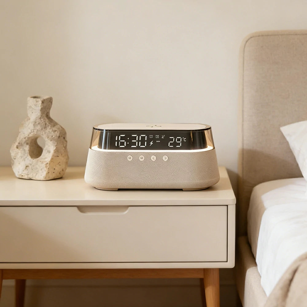 NEVORA Bluetooth Speaker Wireless Charging Clock Temperature Display Ambient Lighting Design - Beige