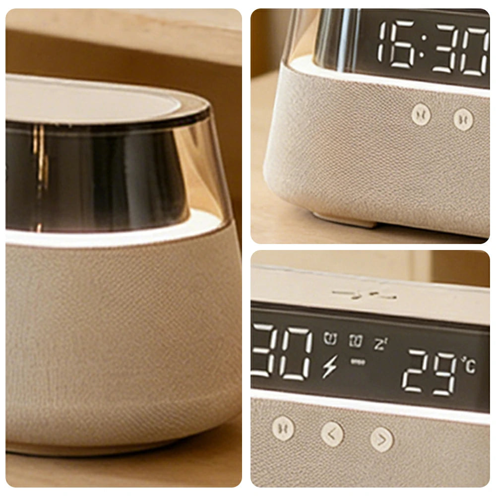 NEVORA Bluetooth Speaker Wireless Charging Clock Temperature Display Ambient Lighting Design - Beige