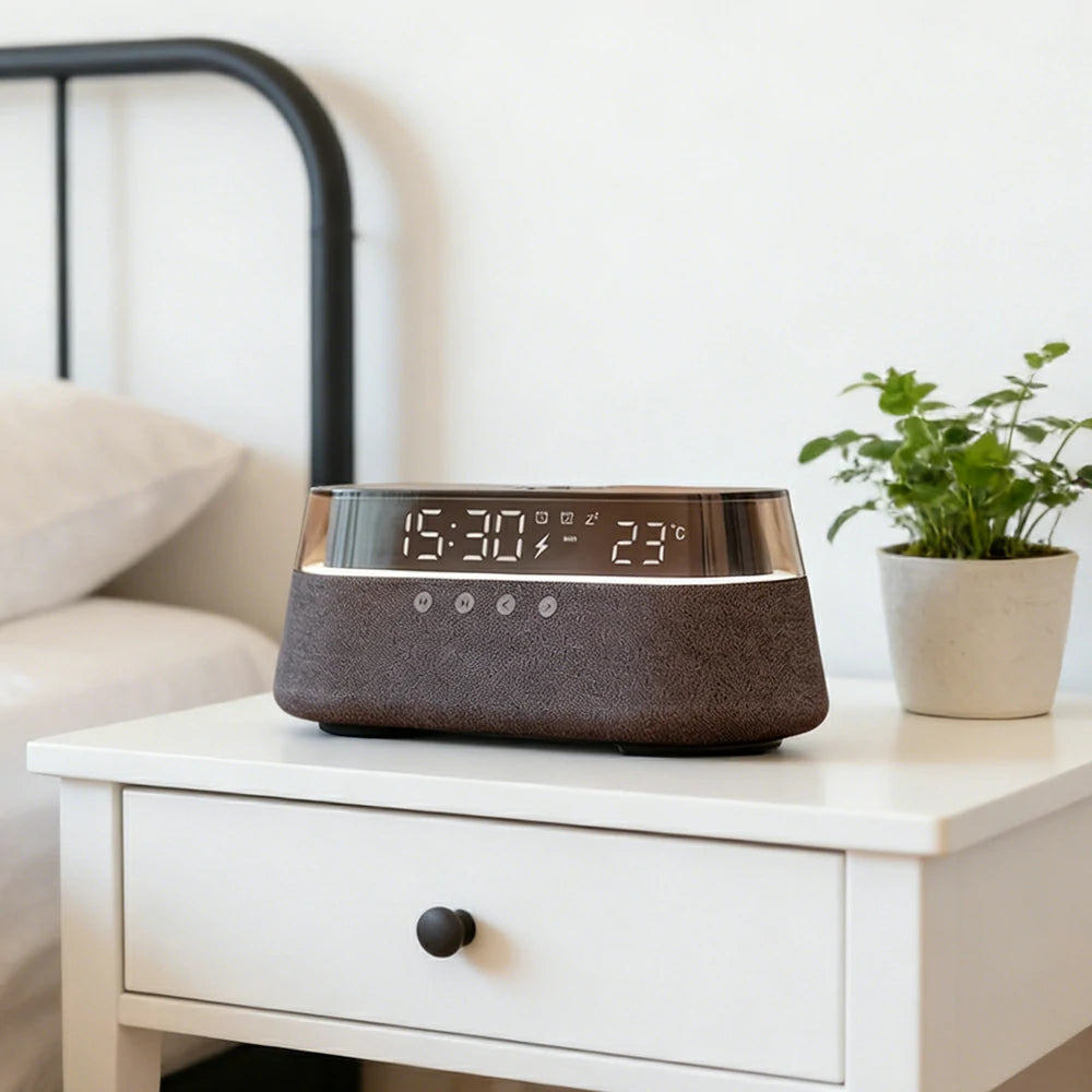NEVORA Bluetooth Speaker Wireless Charging Clock Temperature Display Ambient Lighting Design - Grey