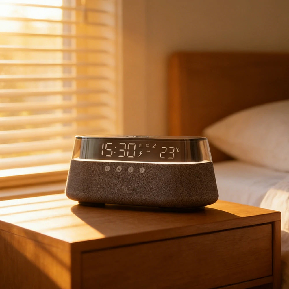 NEVORA Bluetooth Speaker Wireless Charging Clock Temperature Display Ambient Lighting Design - Grey