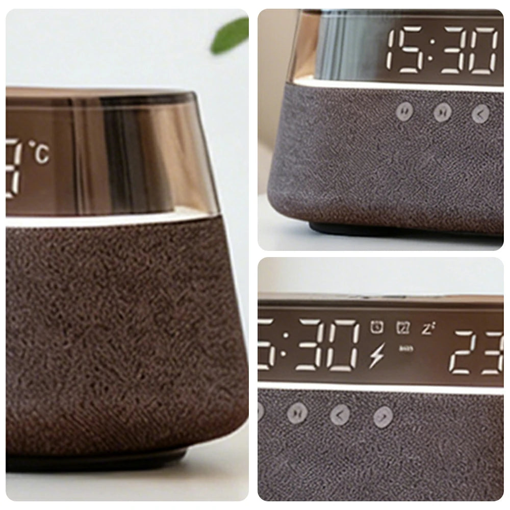 NEVORA Bluetooth Speaker Wireless Charging Clock Temperature Display Ambient Lighting Design - Grey