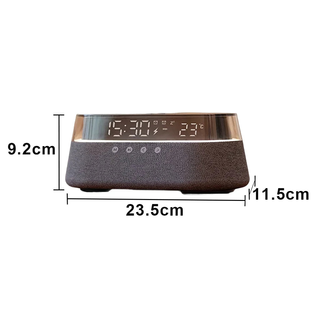 NEVORA Bluetooth Speaker Wireless Charging Clock Temperature Display Ambient Lighting Design - Grey