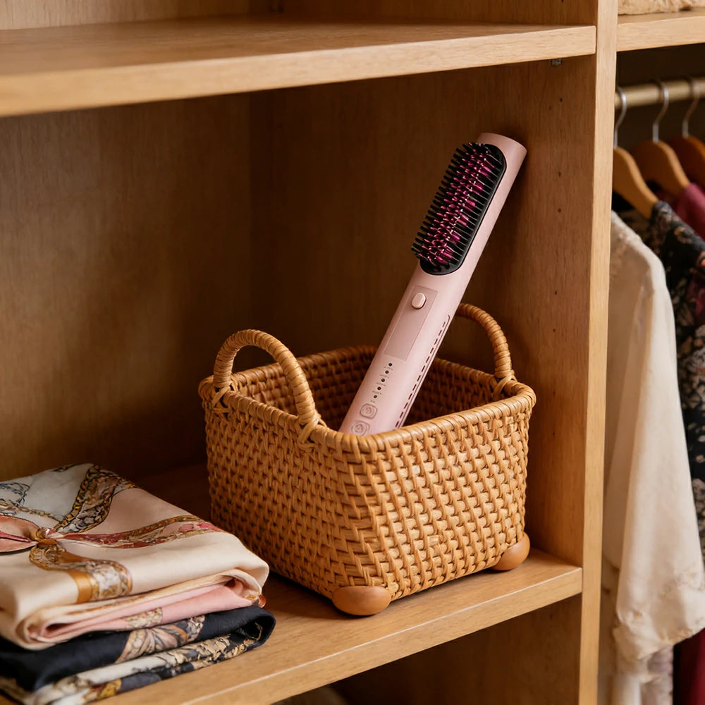 NEVORA 2-in-1 Hair Styling Brush Interchangeable Head with Negative Ion Technology Ceramic Glaze Curved Design - Pink