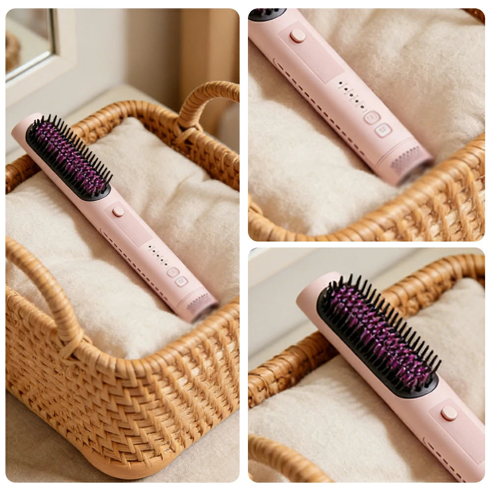 NEVORA 2-in-1 Hair Styling Brush Interchangeable Head with Negative Ion Technology Ceramic Glaze Curved Design - Pink
