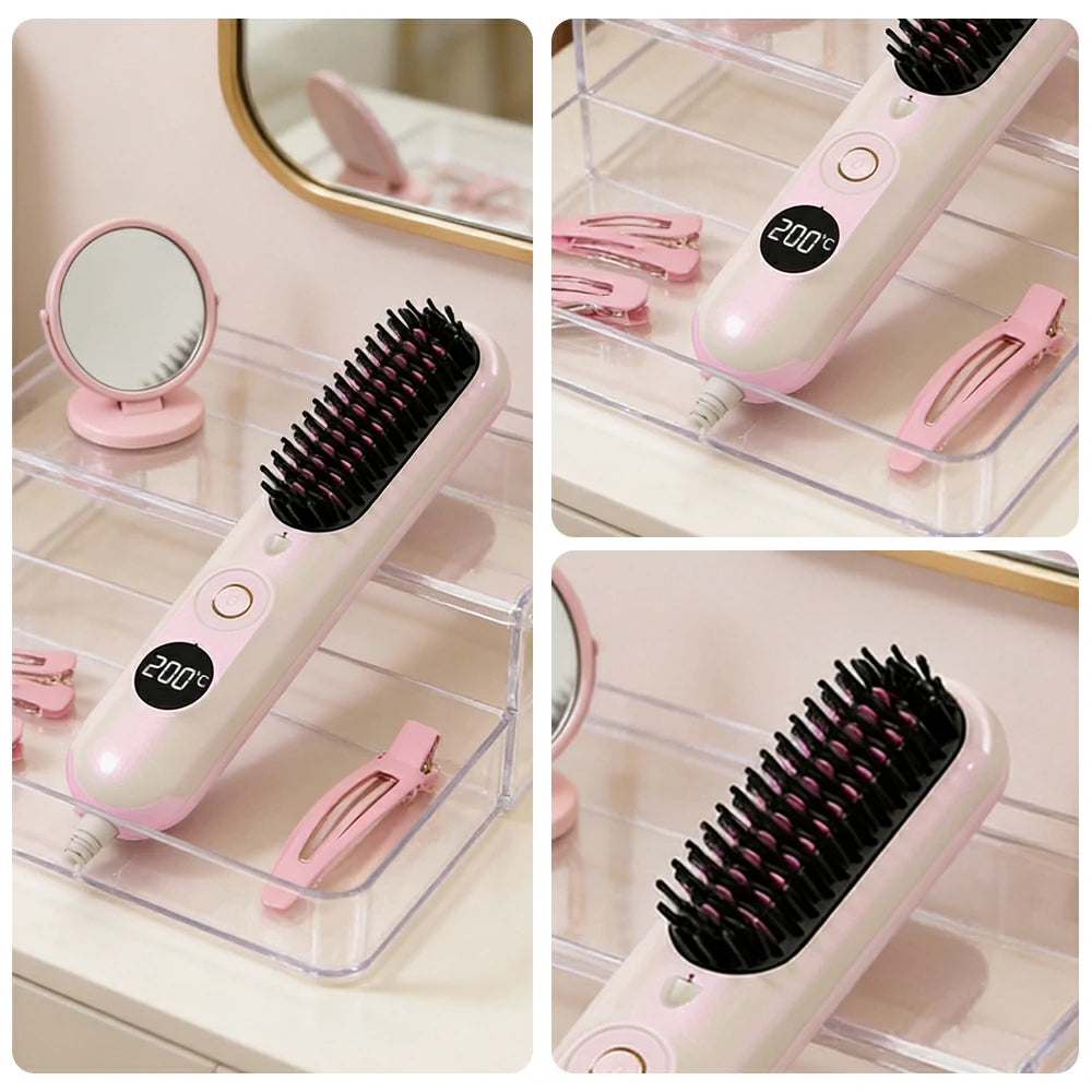 NEVORA Cordless Hair Styling Brush with LCD Temperature Control Negative Ion Technology and 4000mAh Battery - Pink
