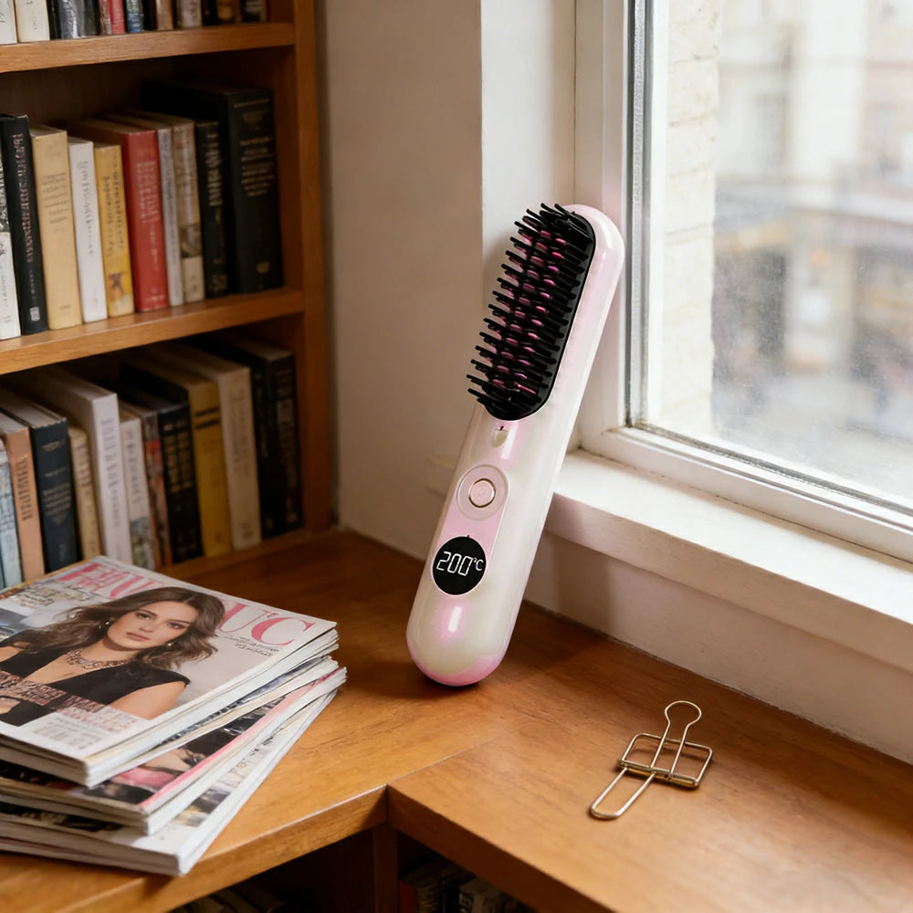 NEVORA Cordless Hair Styling Brush with LCD Temperature Control Negative Ion Technology and 4000mAh Battery - Pink