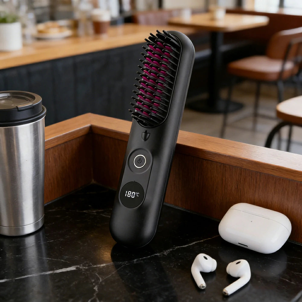 NEVORA Cordless Hair Styling Brush with LCD Temperature Control Negative Ion Technology and 4000mAh Battery - Black