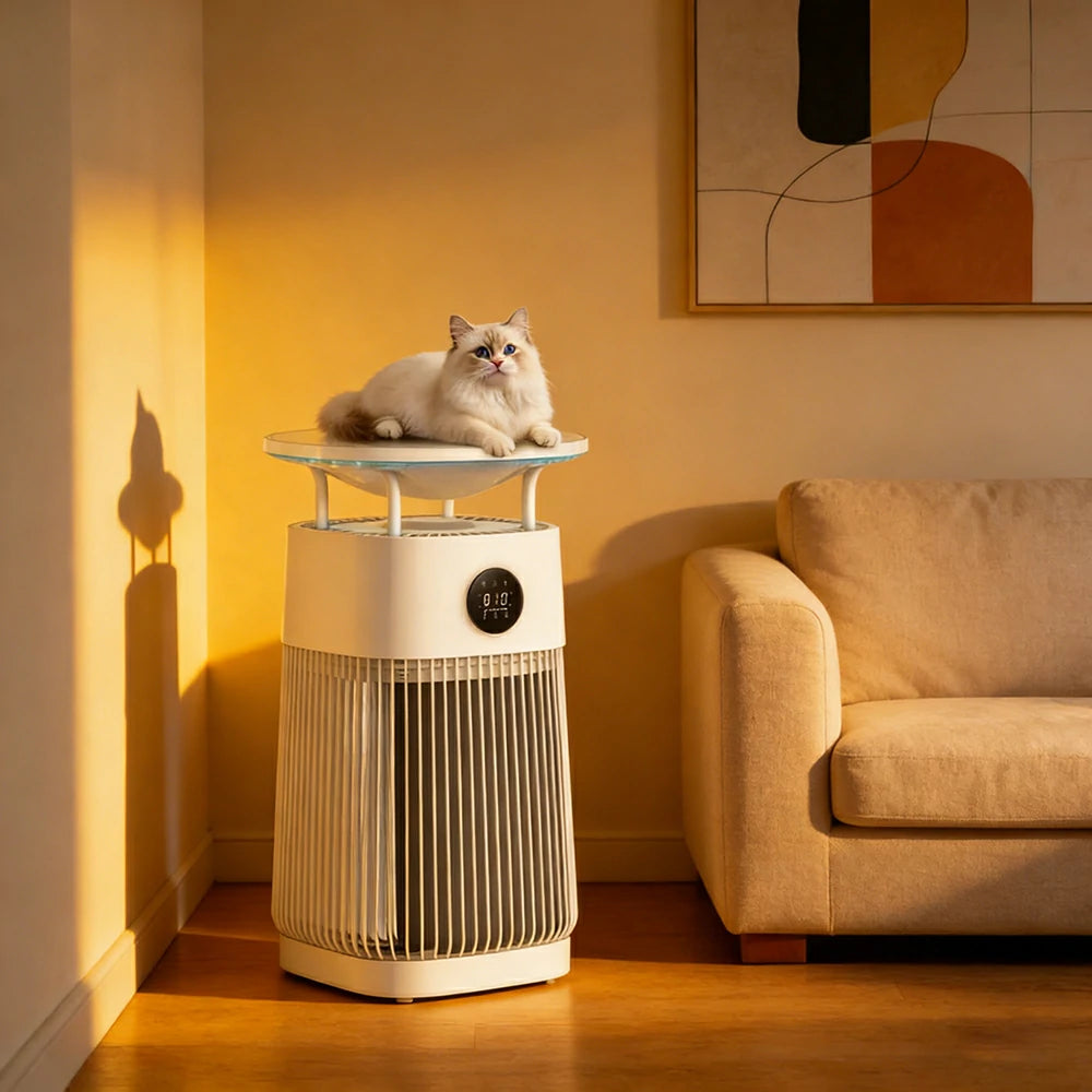 NEVORA Smart Pet Air Purifier with Heated Cat Bed - HEPA Filtration, Odour Control, Quiet Operation, All-in-One Design - White
