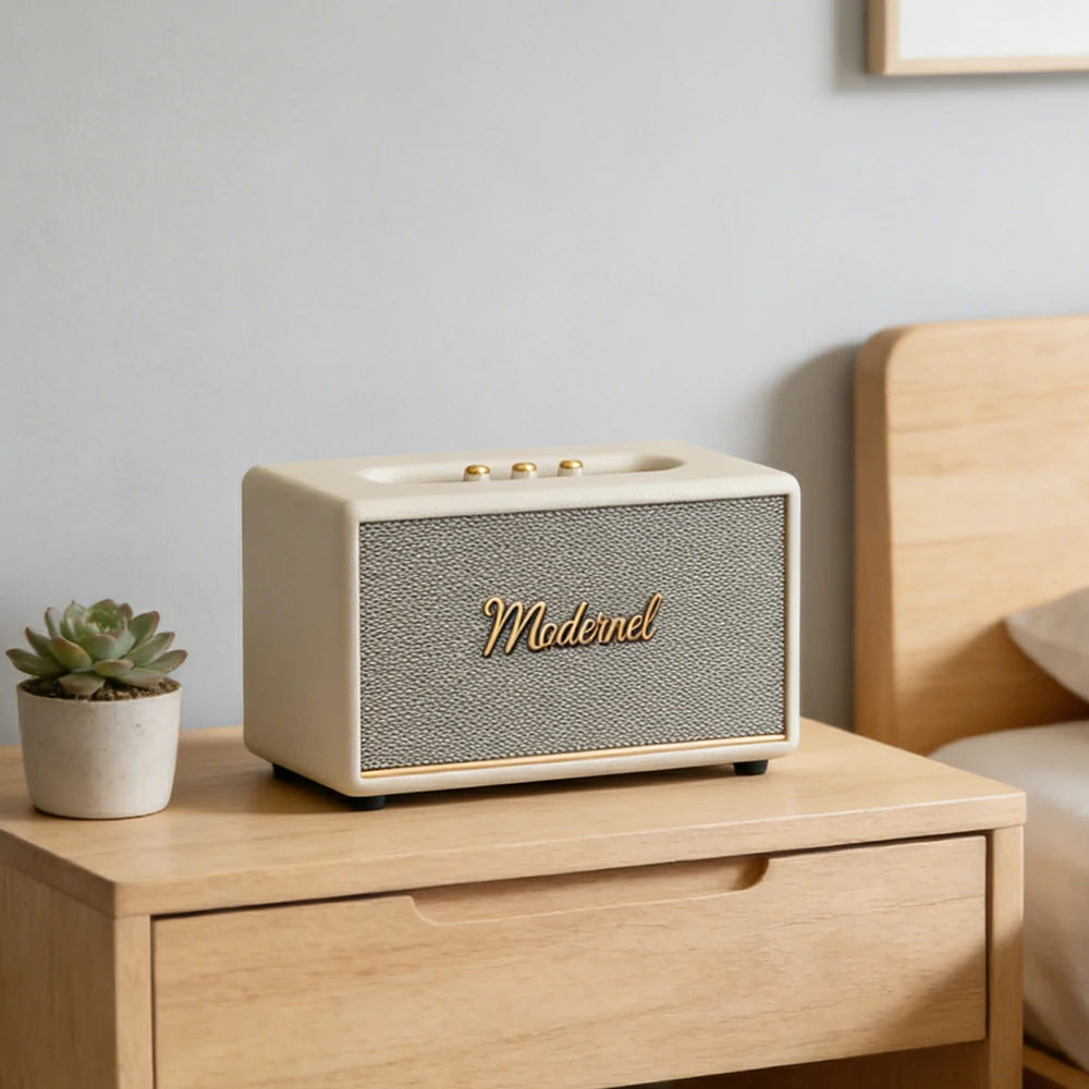 NEVORA Retro Bluetooth Speaker 60W Powerful Sound Dolby Surround Deep Bass Classic Knob Design - White