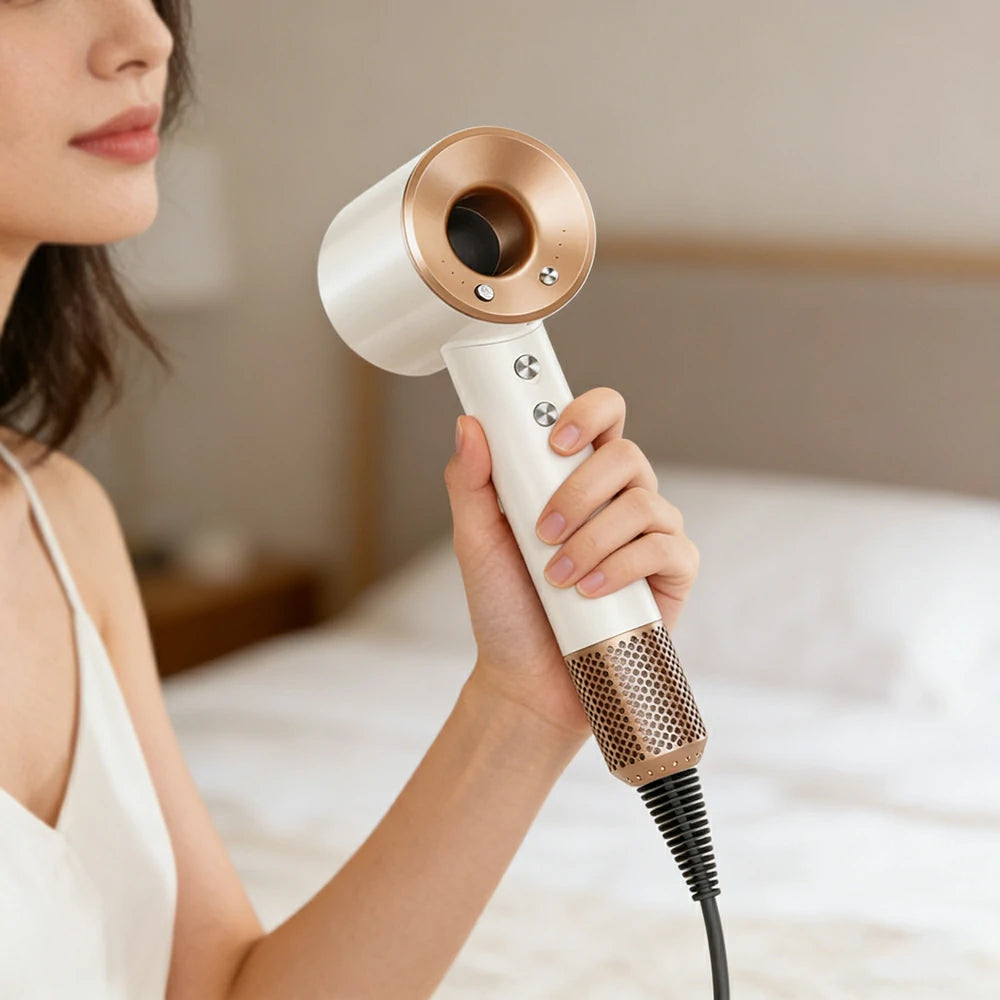 NEVORA High-Speed Hair Dryer - 120,000RPM Brushless Motor, 30m/s Powerful Airflow, Smart Care Modes, Magnetic Nozzle - Gold