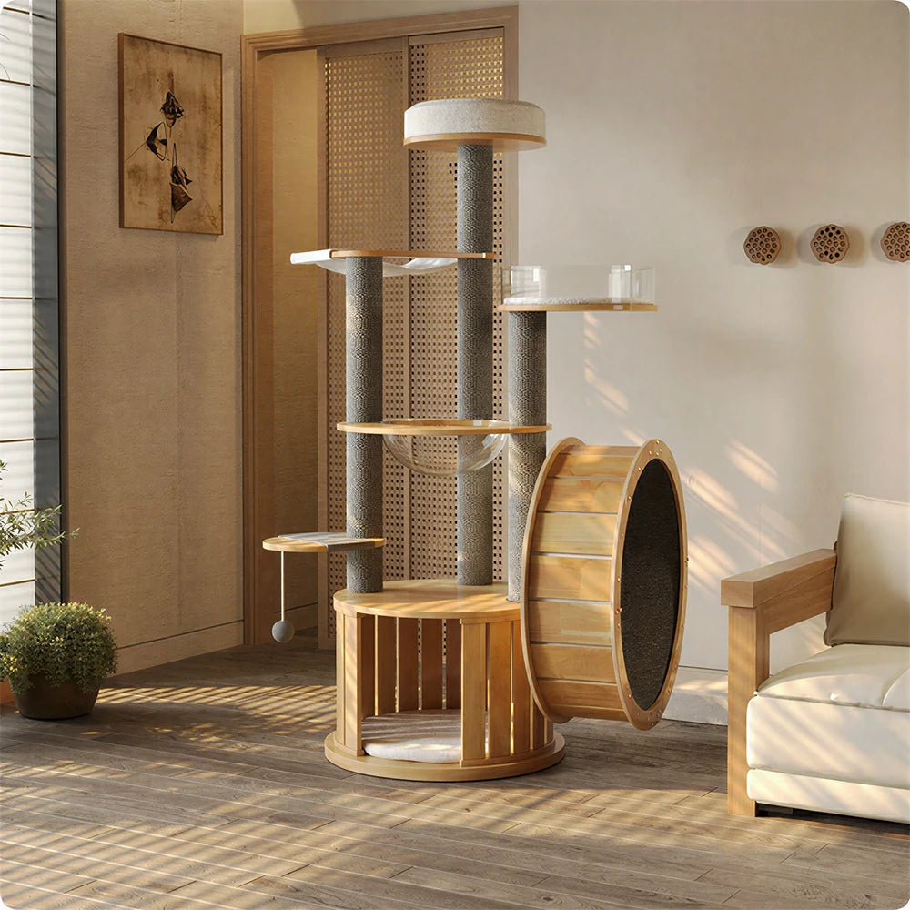 PAWORA Cat Tree with Running Wheel - 176.6cm Solid Wood Multi-Level Tower for Indoor Cats - Natural Wood
