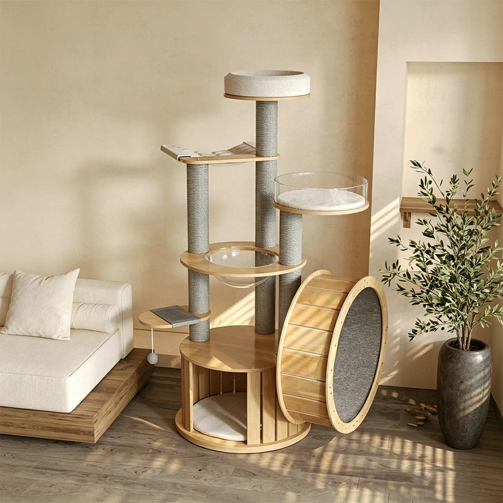 PAWORA Cat Tree with Running Wheel - 176.6cm Solid Wood Multi-Level Tower for Indoor Cats - Natural Wood