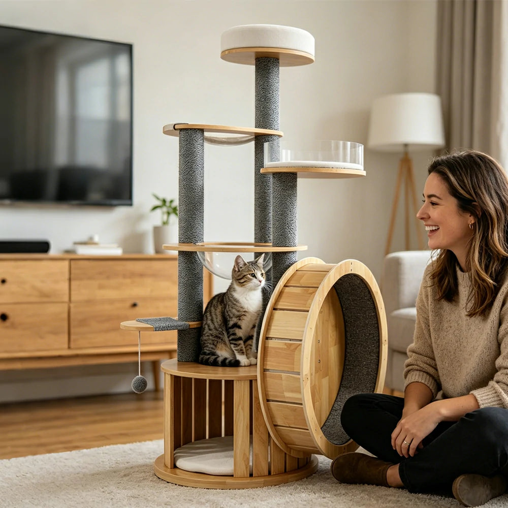 PAWORA Cat Tree with Running Wheel - 176.6cm Solid Wood Multi-Level Tower for Indoor Cats - Natural Wood