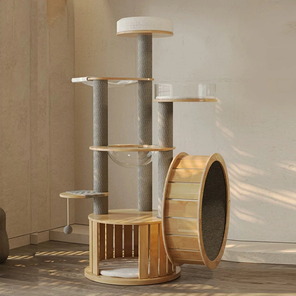 PAWORA Cat Tree with Running Wheel - 176.6cm Solid Wood Multi-Level Tower for Indoor Cats - Natural Wood