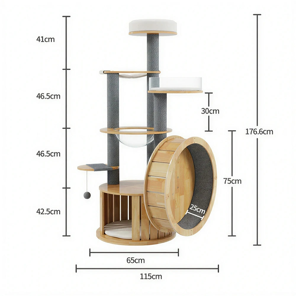 PAWORA Cat Tree with Running Wheel - 176.6cm Solid Wood Multi-Level Tower for Indoor Cats - Natural Wood