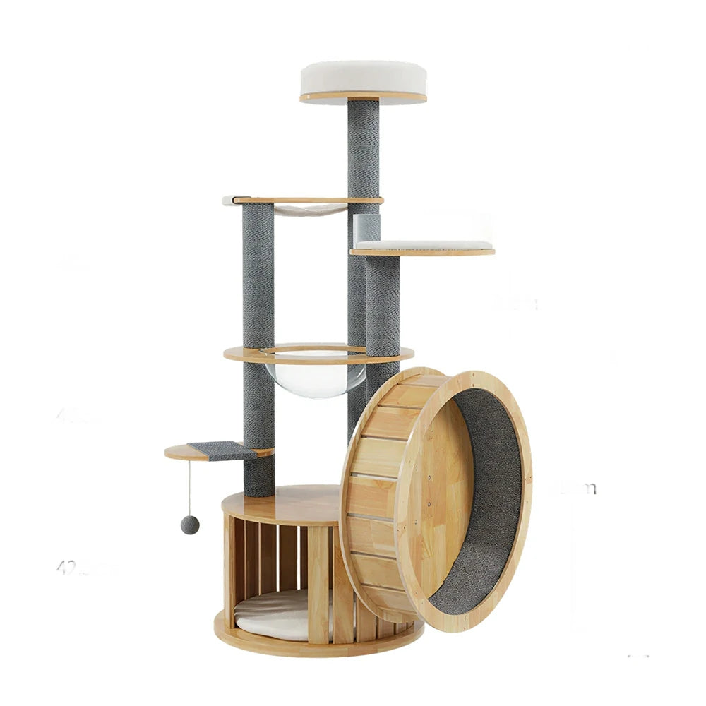 PAWORA Cat Tree with Running Wheel - 176.6cm Solid Wood Multi-Level Tower for Indoor Cats - Natural Wood