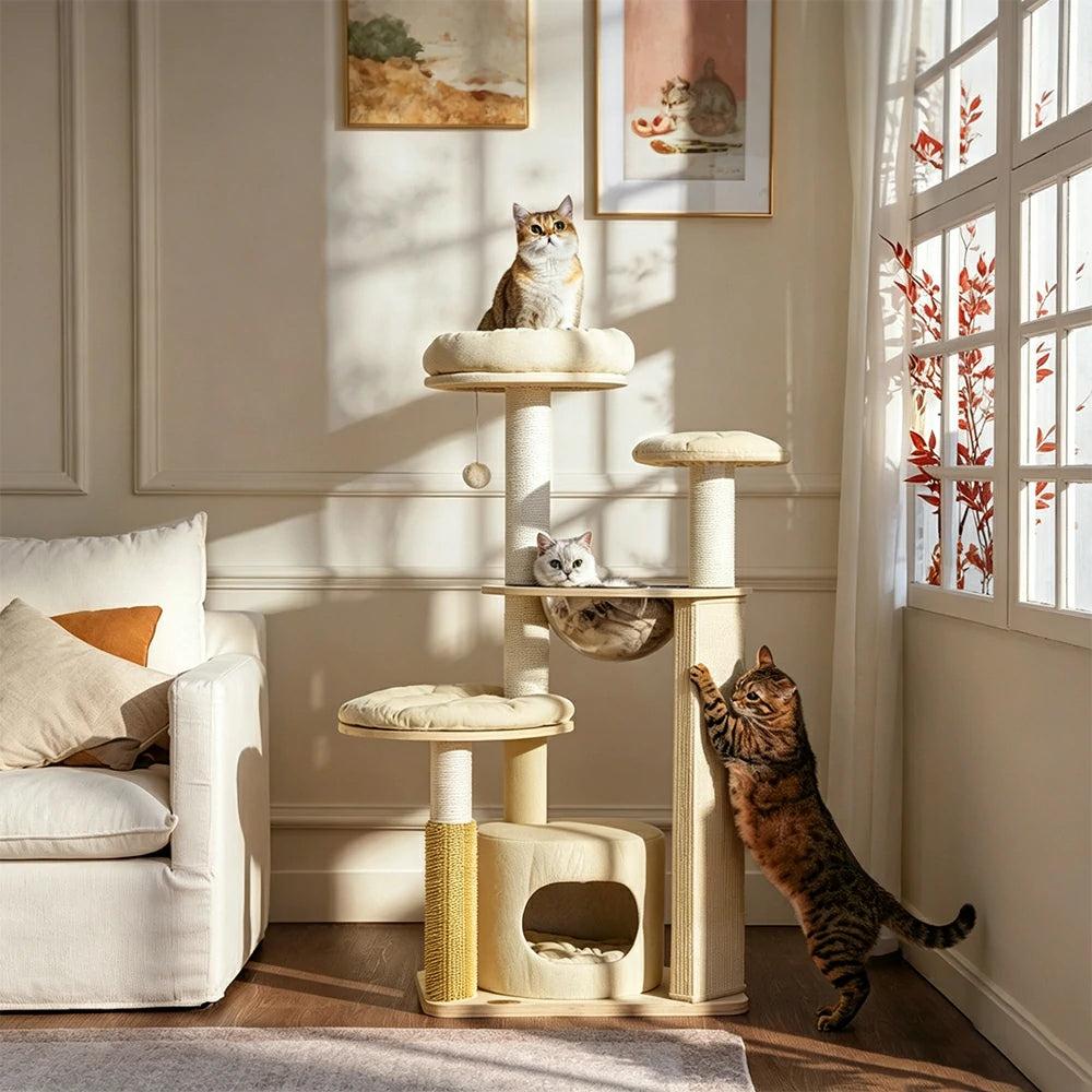 PAWORA Cheese Cat Tree - Painted Multi-Level Combo Set with Cat Condo & Scratching Posts - Cream