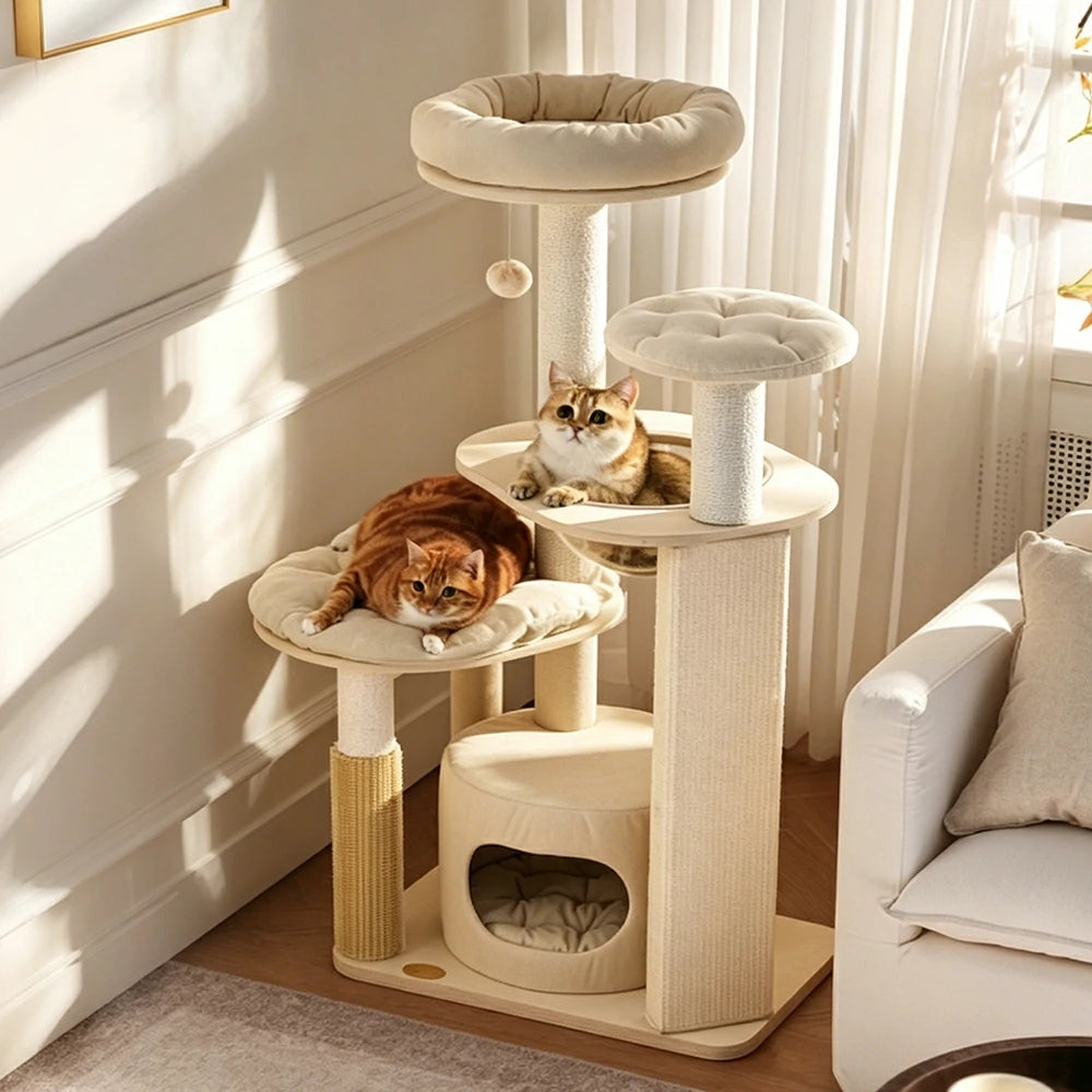 PAWORA Cheese Cat Tree - Painted Multi-Level Combo Set with Cat Condo & Scratching Posts - Cream