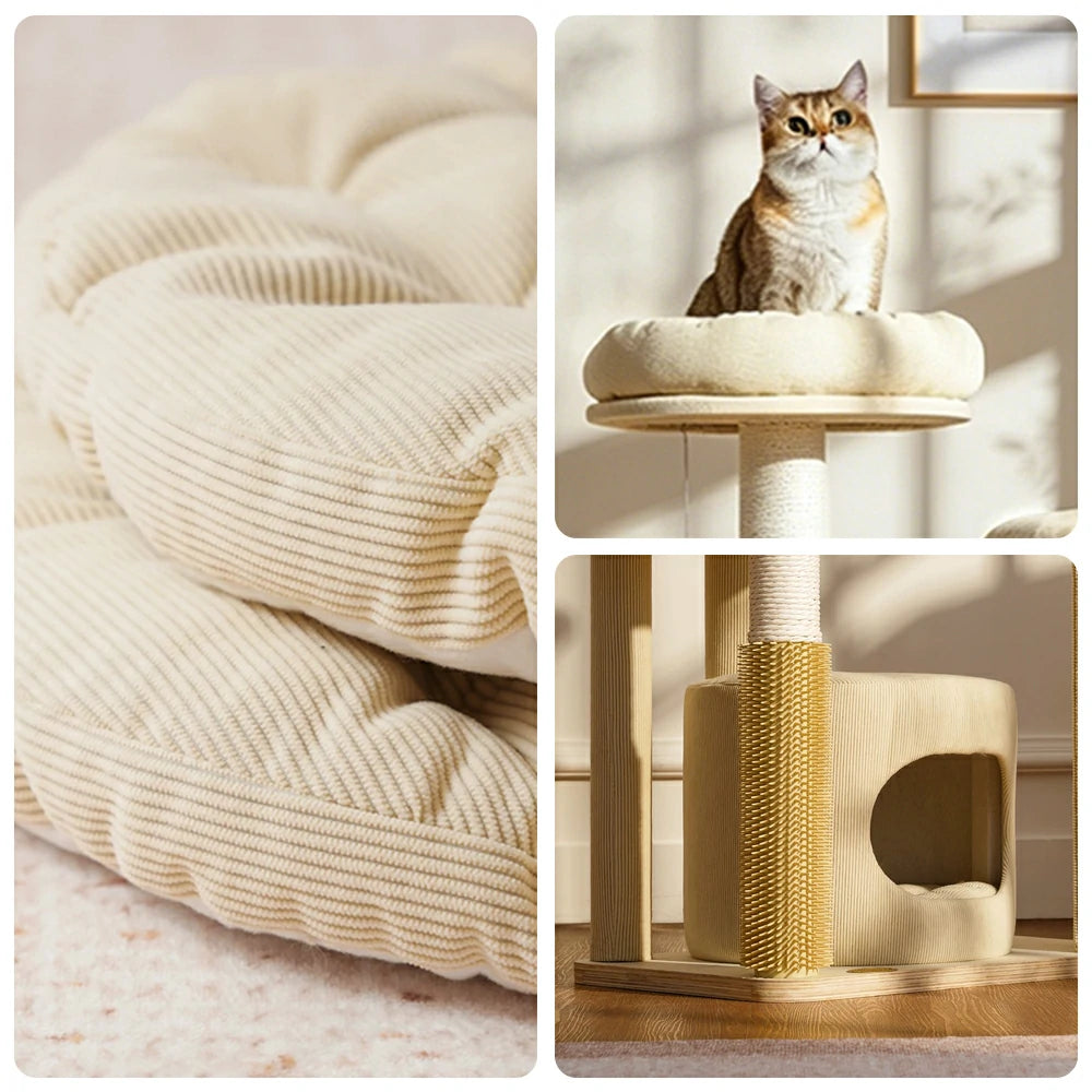 PAWORA Cheese Cat Tree - Painted Multi-Level Combo Set with Cat Condo & Scratching Posts - Cream