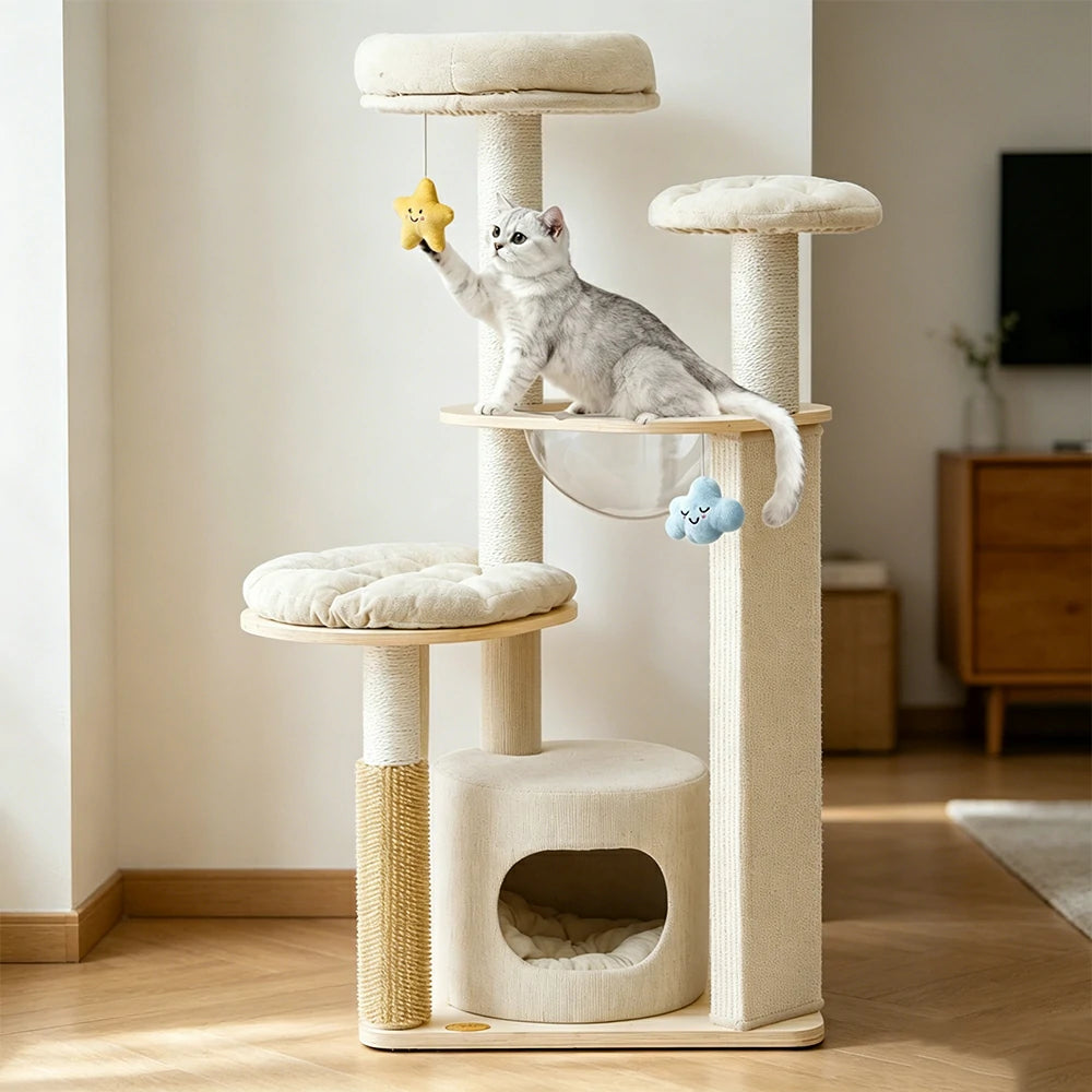 PAWORA Cheese Cat Tree - Painted Multi-Level Combo Set with Cat Condo & Scratching Posts - Cream