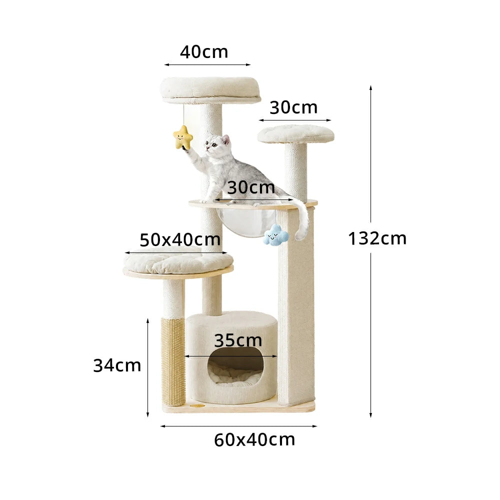 PAWORA Cheese Cat Tree - Painted Multi-Level Combo Set with Cat Condo & Scratching Posts - Cream