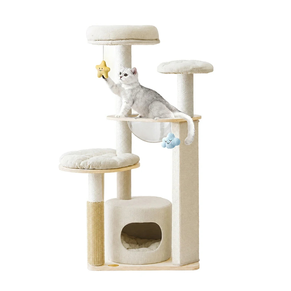 PAWORA Cheese Cat Tree - Painted Multi-Level Combo Set with Cat Condo & Scratching Posts - Cream