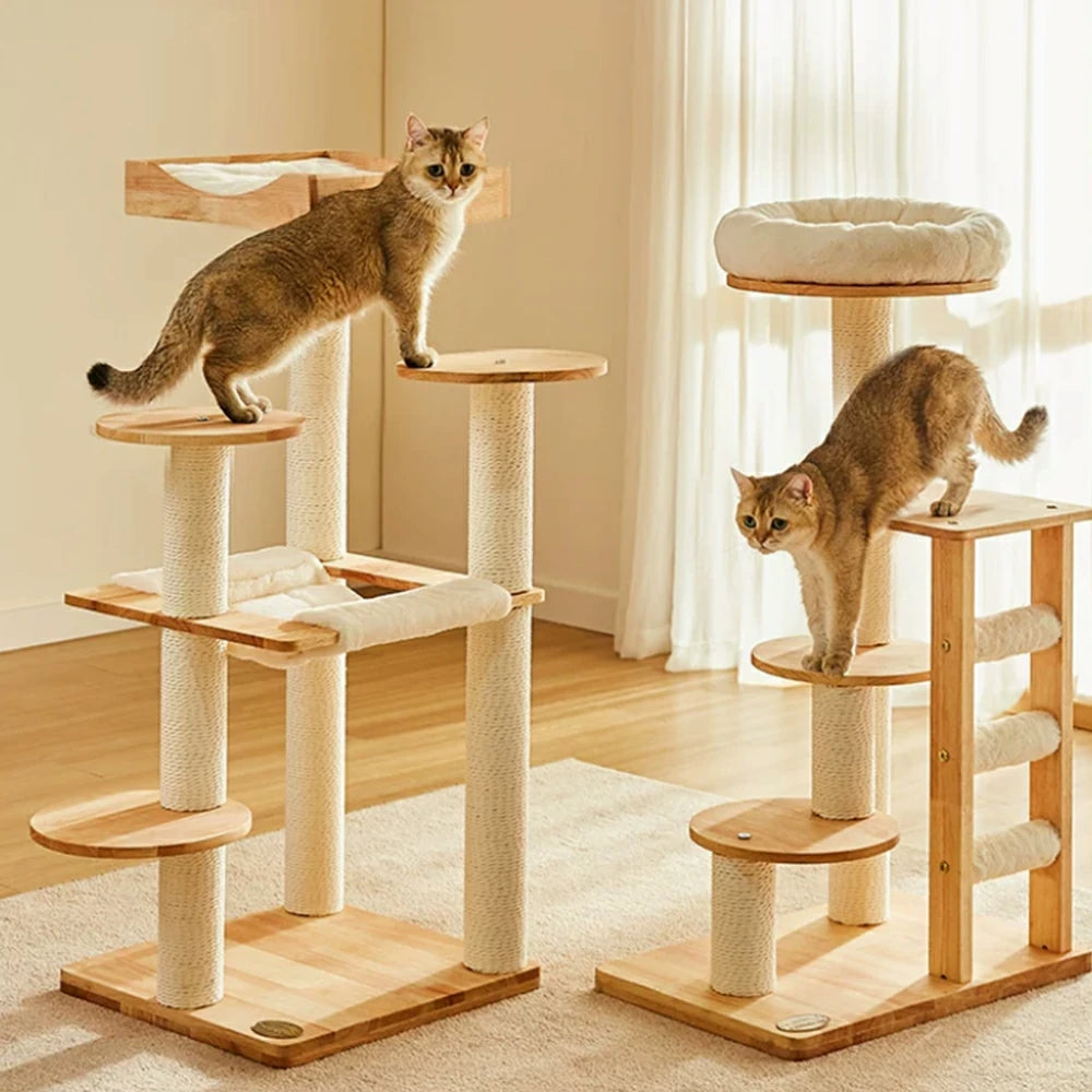 PAWORA Cloud Cat Tree - Solid Wood Eco-Painted Multi-Level Tower with Hammock & Scratching Post - Natural Wood