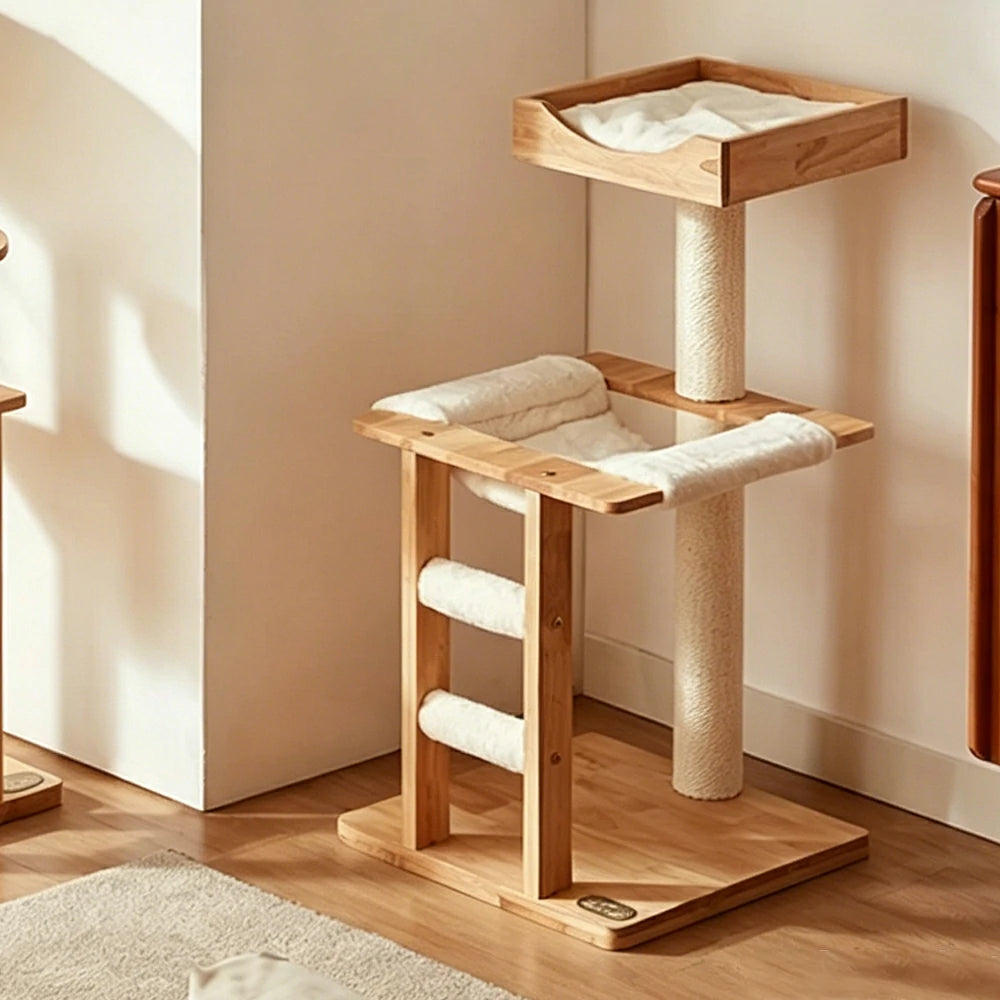 PAWORA Cloud Cat Tree - Solid Wood Eco-Painted Multi-Level Tower with Hammock & Scratching Post - Natural Wood