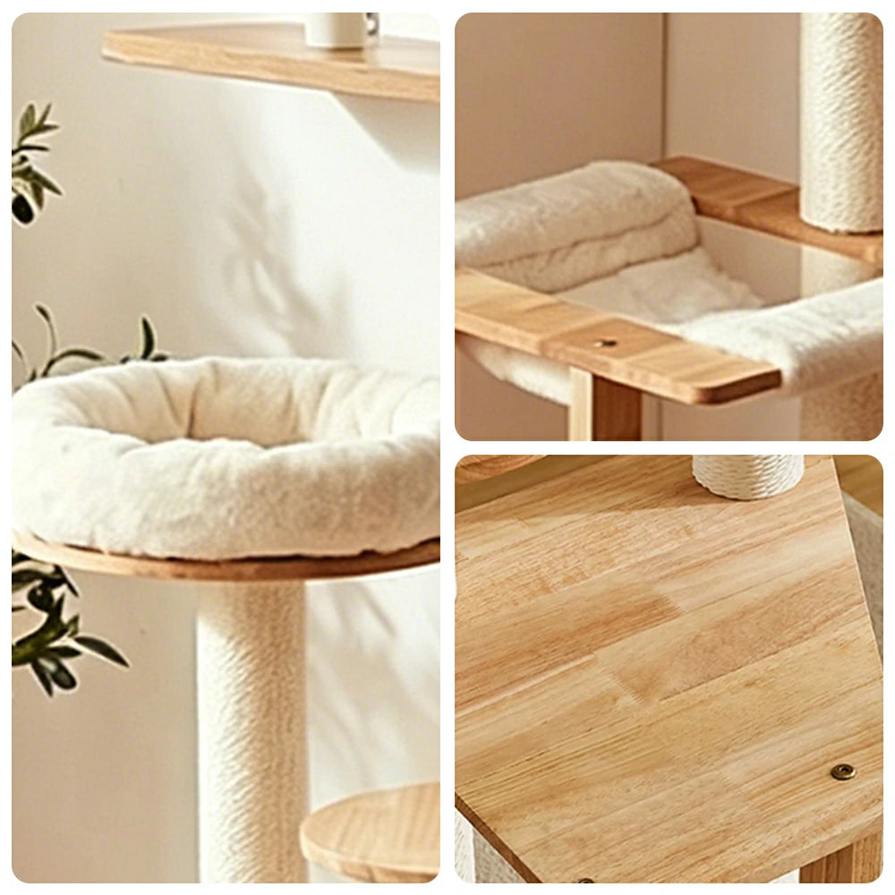PAWORA Cloud Cat Tree - Solid Wood Eco-Painted Multi-Level Tower with Hammock & Scratching Post - Natural Wood