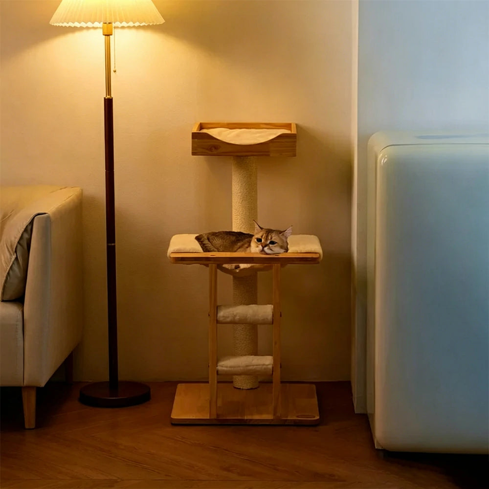 PAWORA Cloud Cat Tree - Solid Wood Eco-Painted Multi-Level Tower with Hammock & Scratching Post - Natural Wood