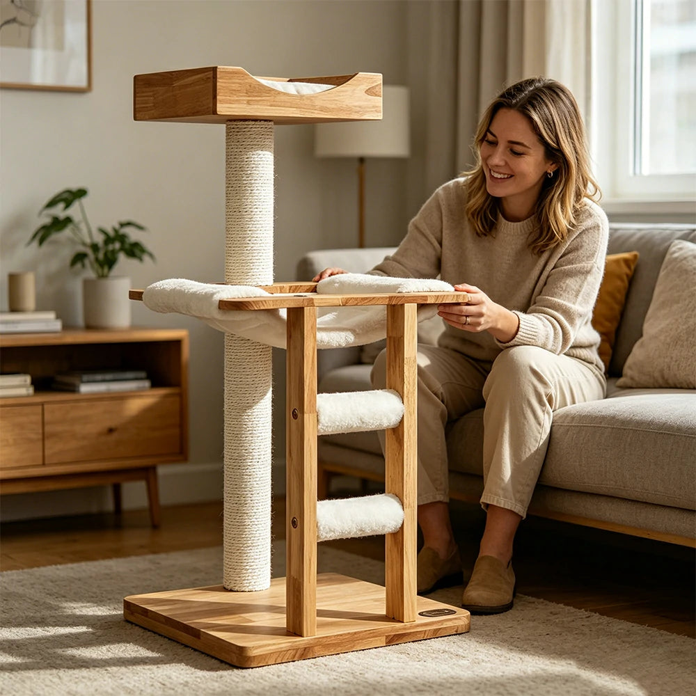 PAWORA Cloud Cat Tree - Solid Wood Eco-Painted Multi-Level Tower with Hammock & Scratching Post - Natural Wood