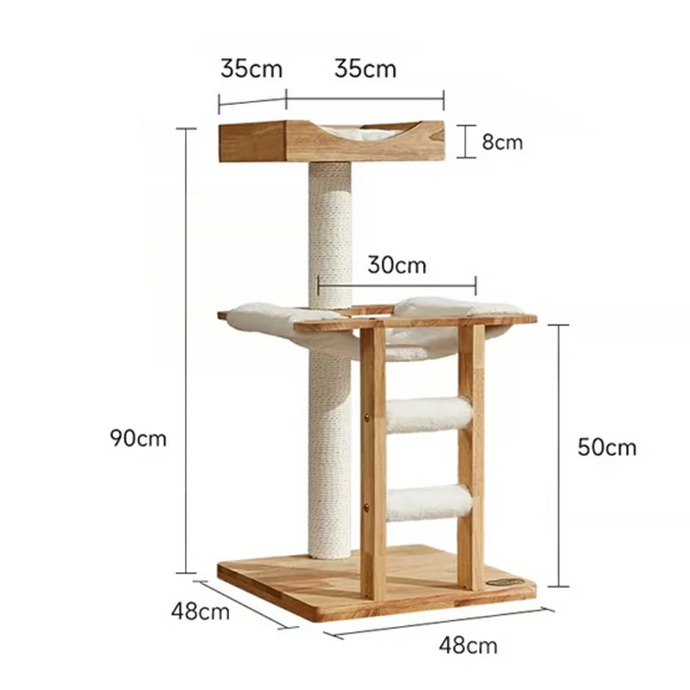 PAWORA Cloud Cat Tree - Solid Wood Eco-Painted Multi-Level Tower with Hammock & Scratching Post - Natural Wood