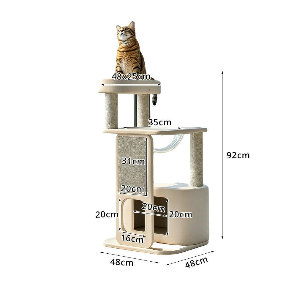 PAWORA White Rock Cat Tree - 92cm Compact Condo Tower with Round Capsule & Sisal Scratching Board - White