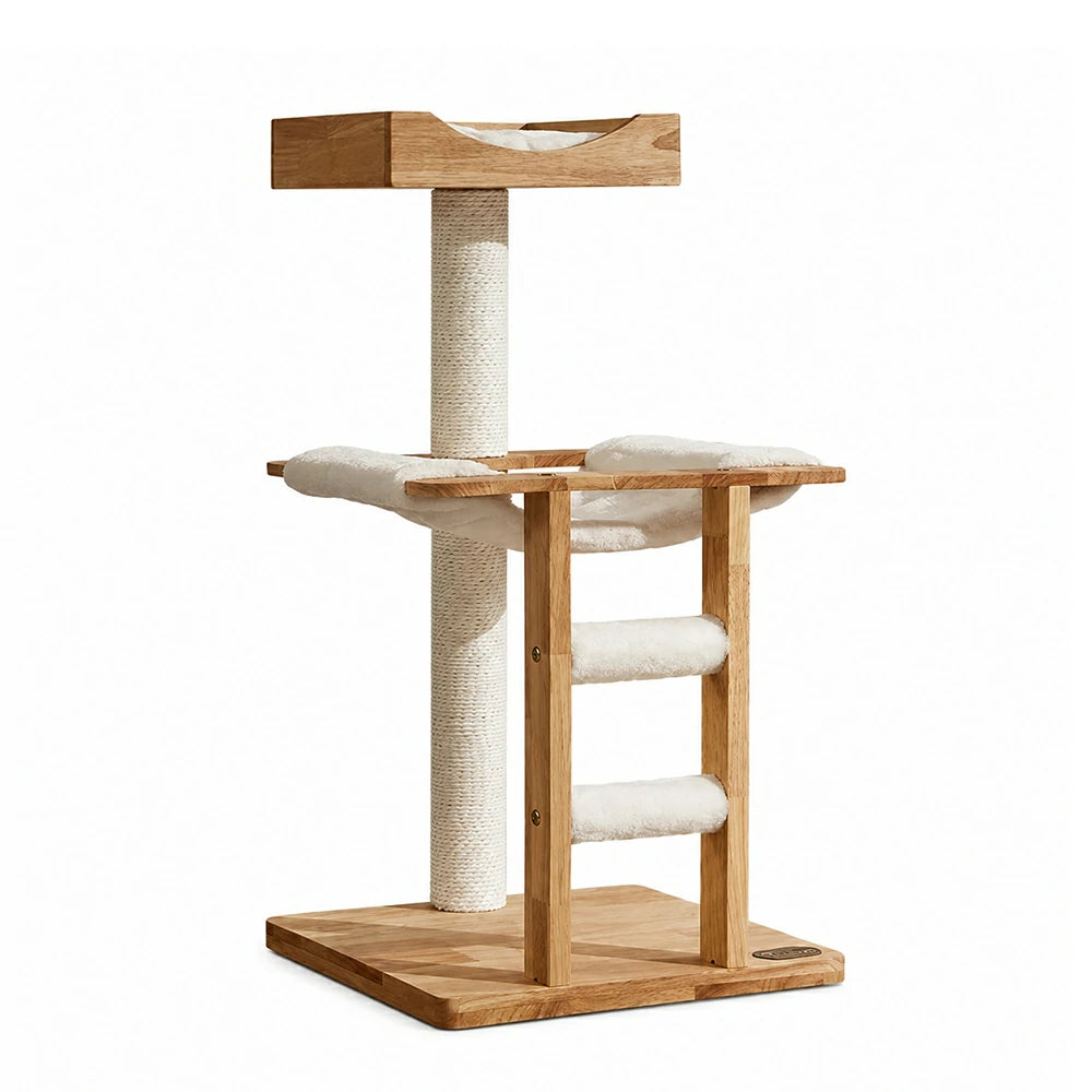 PAWORA Cloud Cat Tree - Solid Wood Eco-Painted Multi-Level Tower with Hammock & Scratching Post - Natural Wood