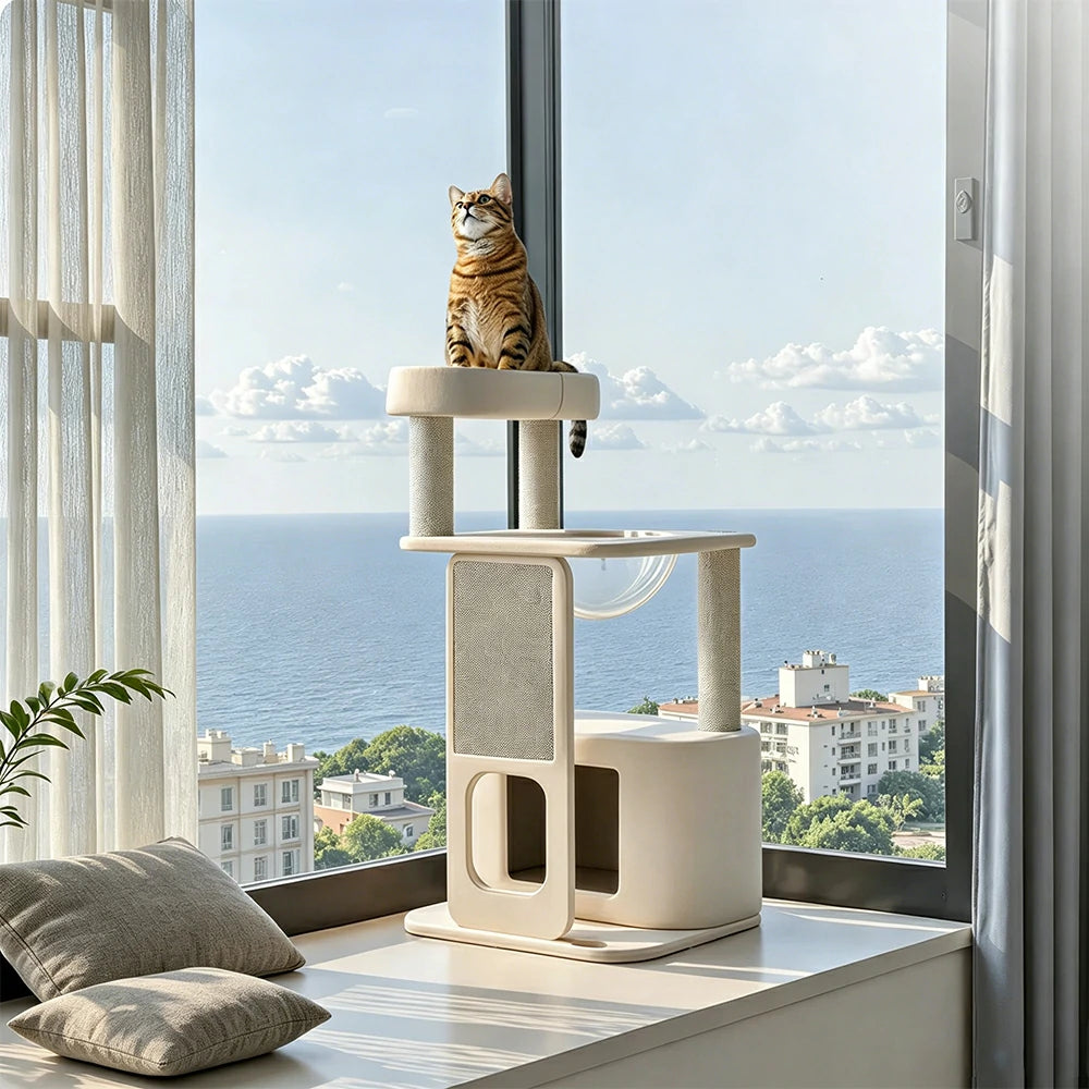 PAWORA White Rock Cat Tree - 92cm Compact Condo Tower with Round Capsule & Sisal Scratching Board - White