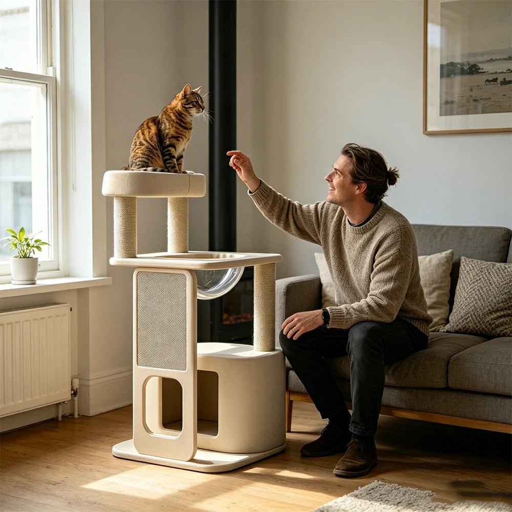 PAWORA White Rock Cat Tree - 92cm Compact Condo Tower with Round Capsule & Sisal Scratching Board - White