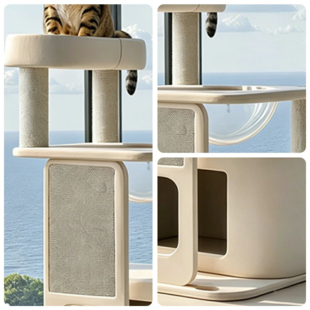 PAWORA White Rock Cat Tree - 92cm Compact Condo Tower with Round Capsule & Sisal Scratching Board - White