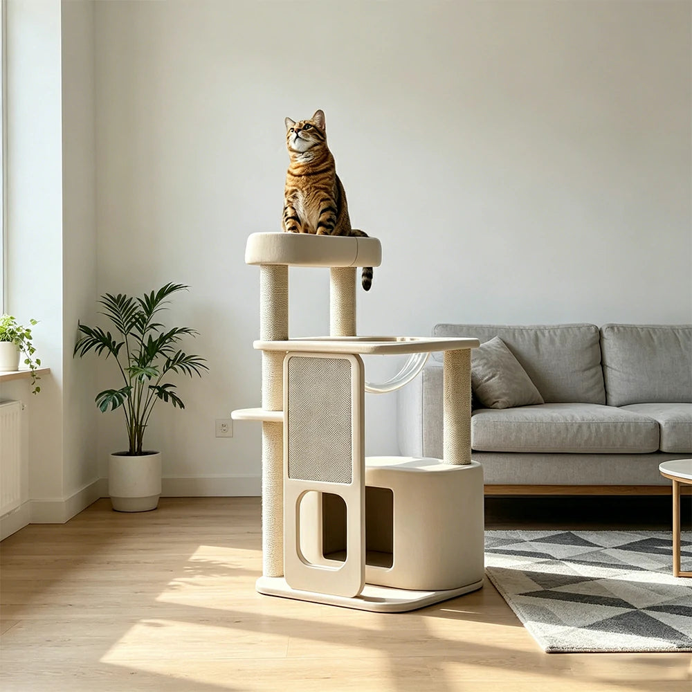 PAWORA White Rock Cat Tree - 92cm Compact Condo Tower with Round Capsule & Sisal Scratching Board - White