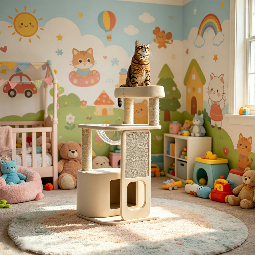PAWORA White Rock Cat Tree - 92cm Compact Condo Tower with Round Capsule & Sisal Scratching Board - White