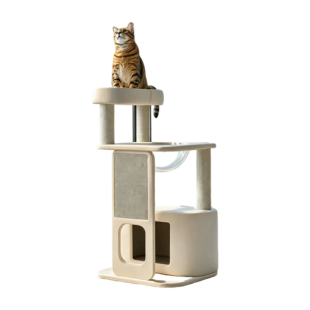 PAWORA White Rock Cat Tree - 92cm Compact Condo Tower with Round Capsule & Sisal Scratching Board - White