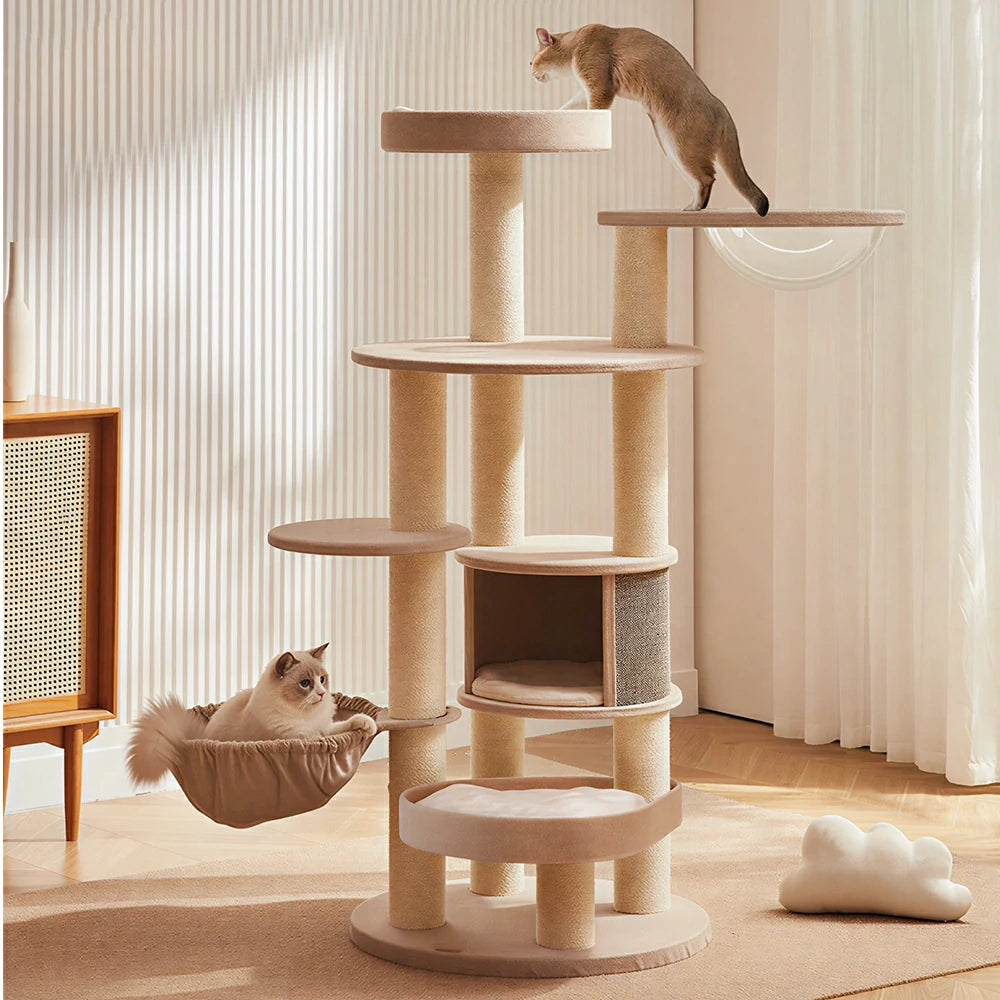 PAWORA Forest Cat Tree - 165cm Multi-Level Tower with Cat Condo, Hammock & Transparent Nest - Beige