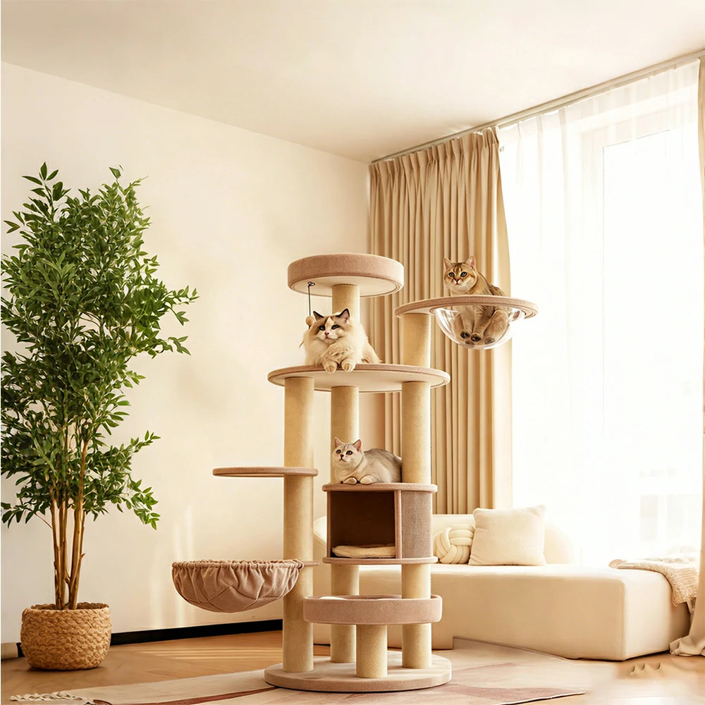 PAWORA Forest Cat Tree - 165cm Multi-Level Tower with Cat Condo, Hammock & Transparent Nest - Beige