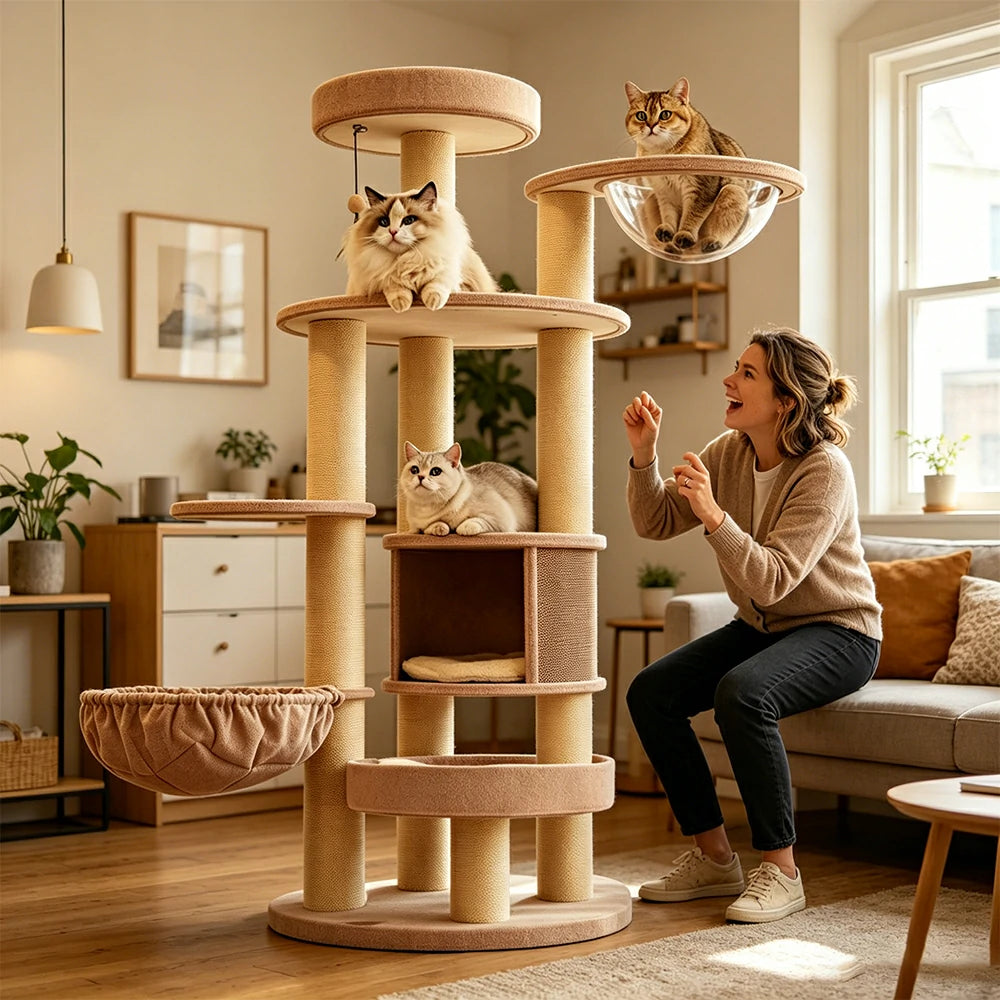 PAWORA Forest Cat Tree - 165cm Multi-Level Tower with Cat Condo, Hammock & Transparent Nest - Beige