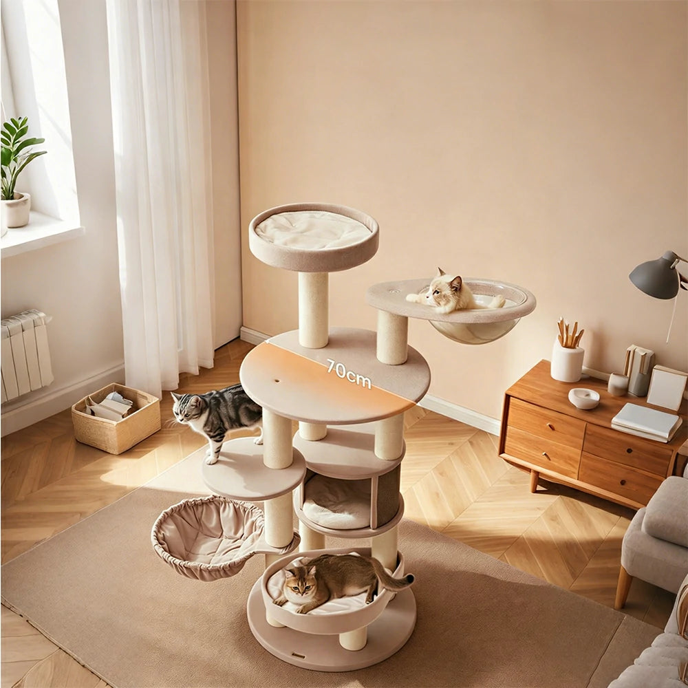 PAWORA Forest Cat Tree - 165cm Multi-Level Tower with Cat Condo, Hammock & Transparent Nest - Beige