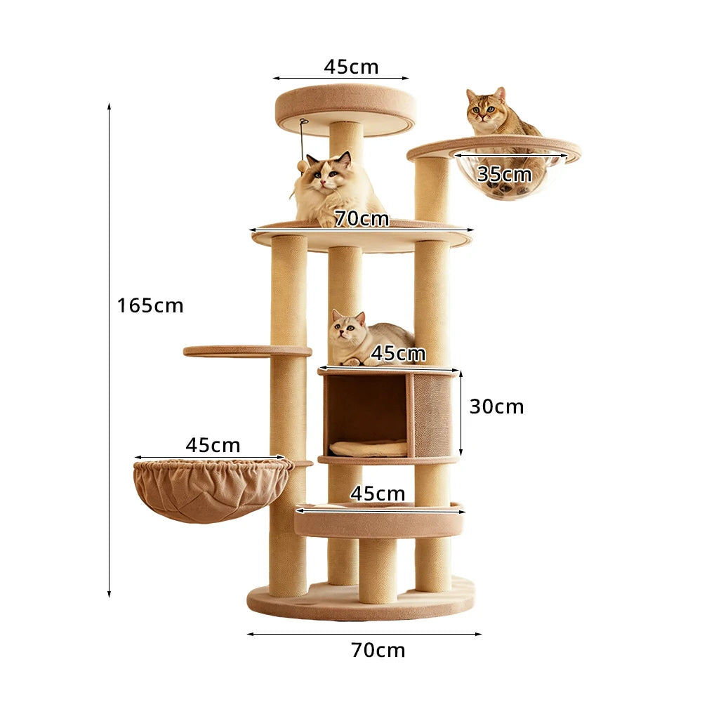 PAWORA Forest Cat Tree - 165cm Multi-Level Tower with Cat Condo, Hammock & Transparent Nest - Beige