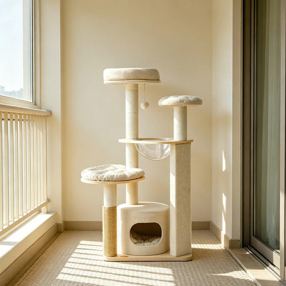 PAWORA Cheese Cat Tree - 132cm Upgraded Compact Condo Tower with Cushion Set & Scratching Board - Cream