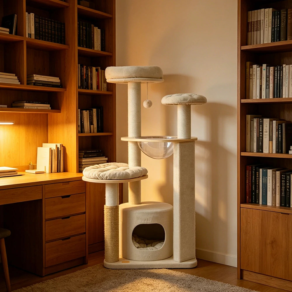PAWORA Cheese Cat Tree - 132cm Upgraded Compact Condo Tower with Cushion Set & Scratching Board - Cream
