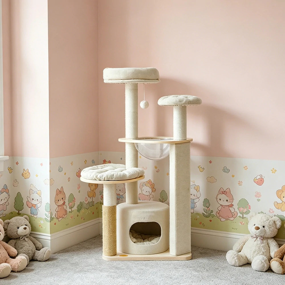 PAWORA Cheese Cat Tree - 132cm Upgraded Compact Condo Tower with Cushion Set & Scratching Board - Cream