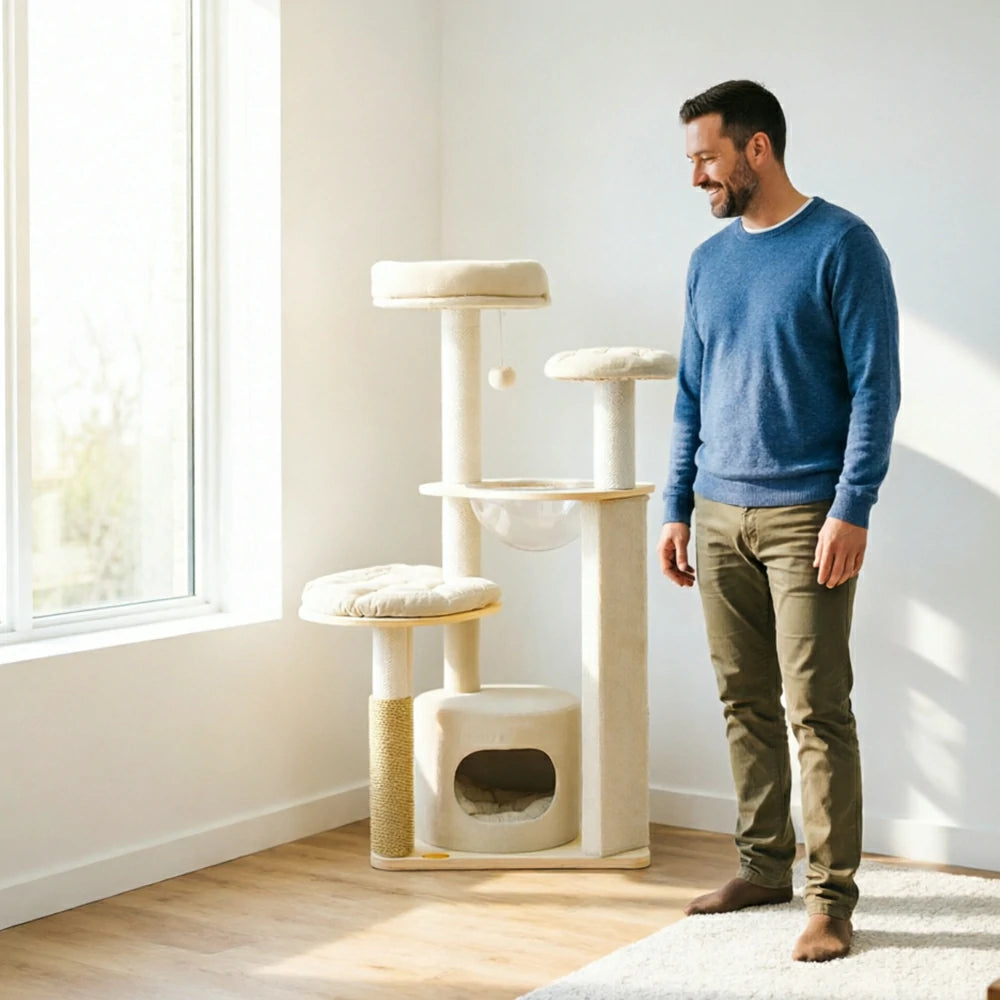PAWORA Cheese Cat Tree - 132cm Upgraded Compact Condo Tower with Cushion Set & Scratching Board - Cream